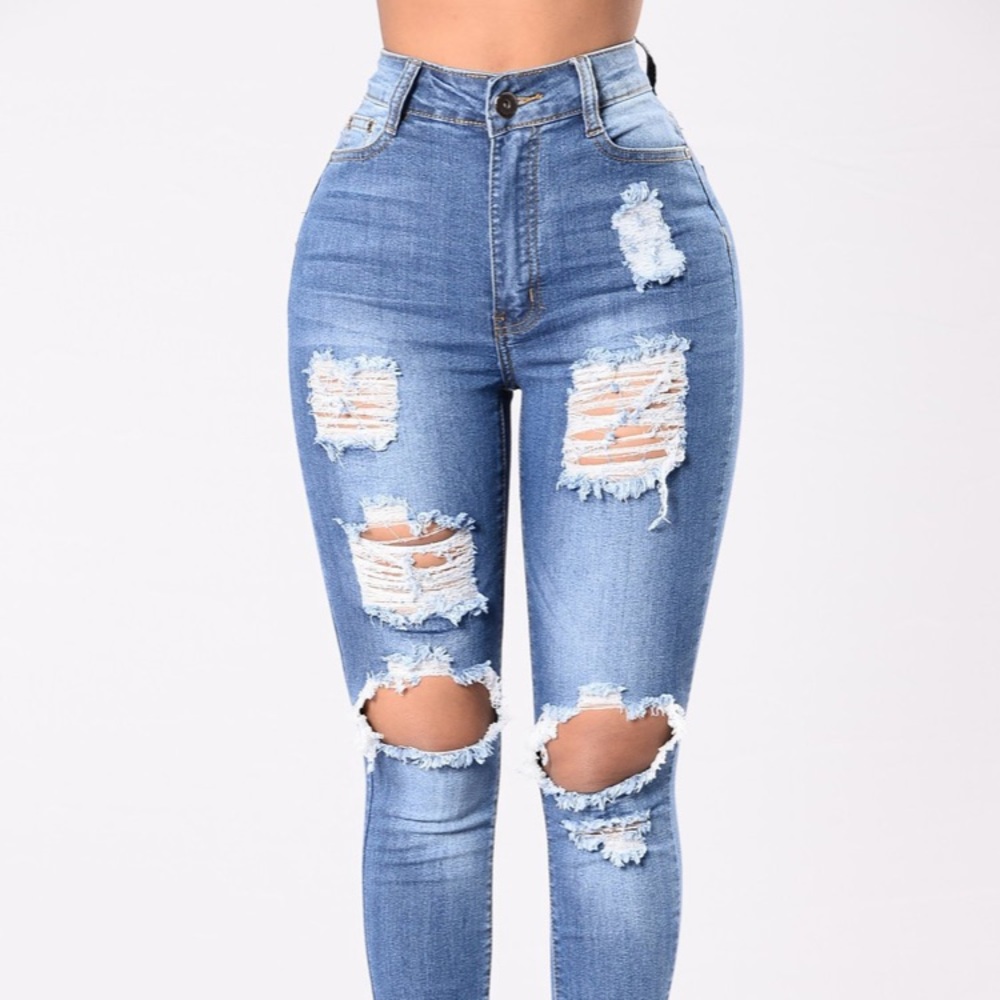 High waisted distressed jeans